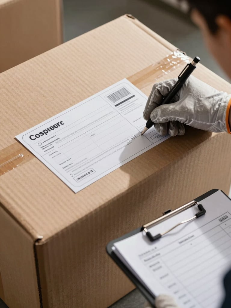 Close-up of a mover's gloved hands applying a printed inventory label to a sealed cardboard box, overhead warehouse lighting casting sharp shadows across the corrugated surface, a clipboard with a checklist visible out of focus in the lower right