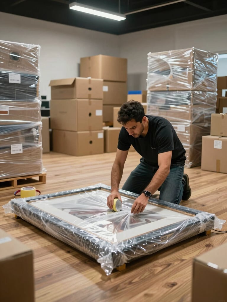 Close environmental shot inside a Dubai apartment, crew member methodically wrapping a framed item in bubble wrap on a hardwood floor, labeled packing tape and stacked sealed boxes filling the background, overhead warehouse-style lighting, wide framing showing the organized scale of the operation
