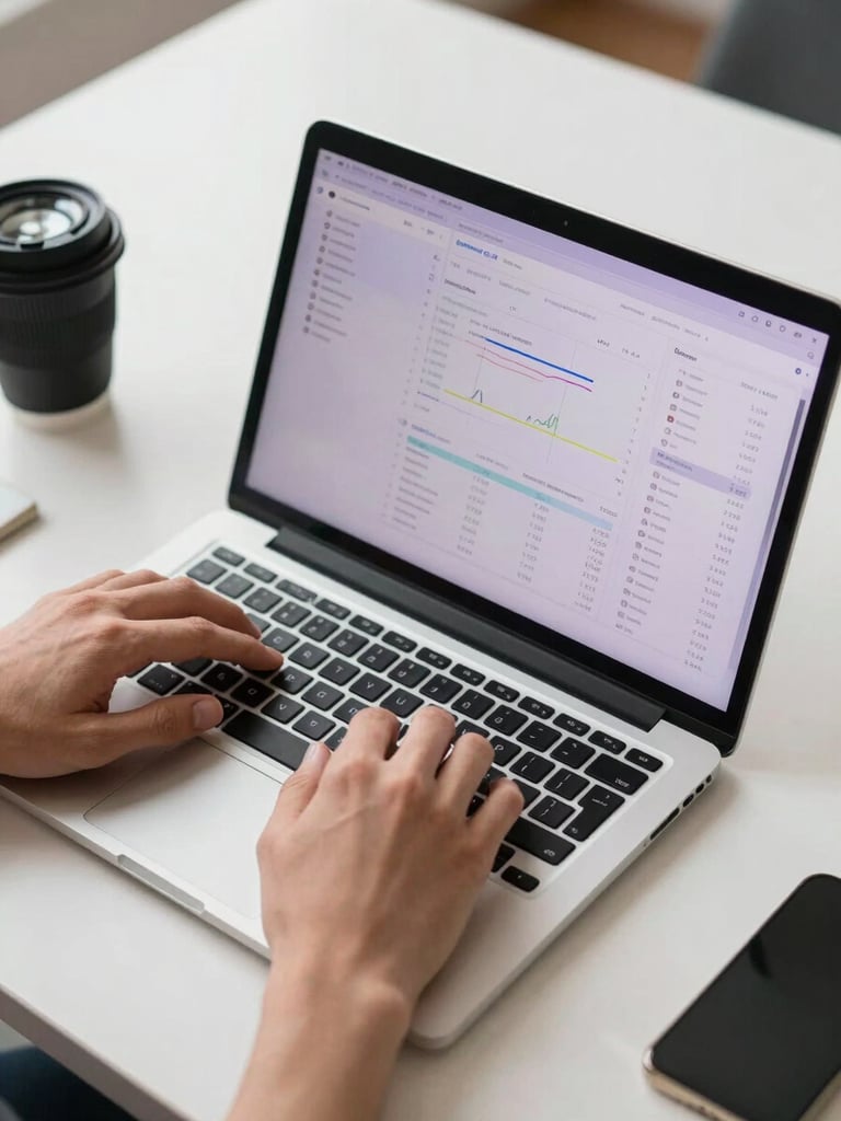 Tight overhead shot of a creator's hands scrolling through audience analytics on a laptop screen, lavender-tinted data charts visible, clean desk surface, controlled daylight from the left, sharp focus on the screen data