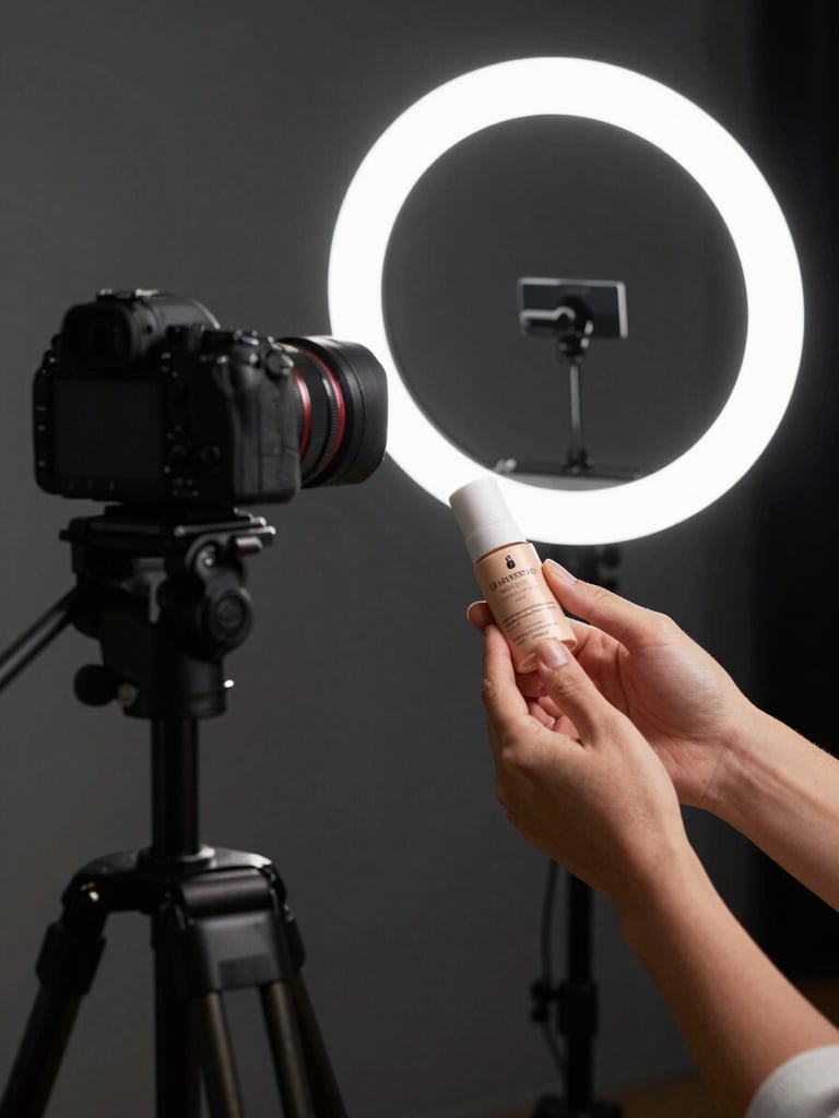 Environmental shot of a creator recording product content in their studio space, camera on tripod to the left, product held in hand under a ring light, dark background with precise controlled strobe, tight crop on hands and product