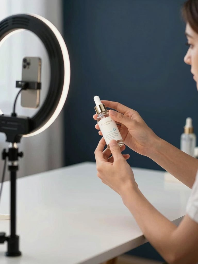 Close environmental frame, creator recording a product review at a minimal desk setup, ring light catching hands holding a skincare bottle, shallow depth of field, controlled studio daylight from left, dark navy wall behind, sharp foreground detail