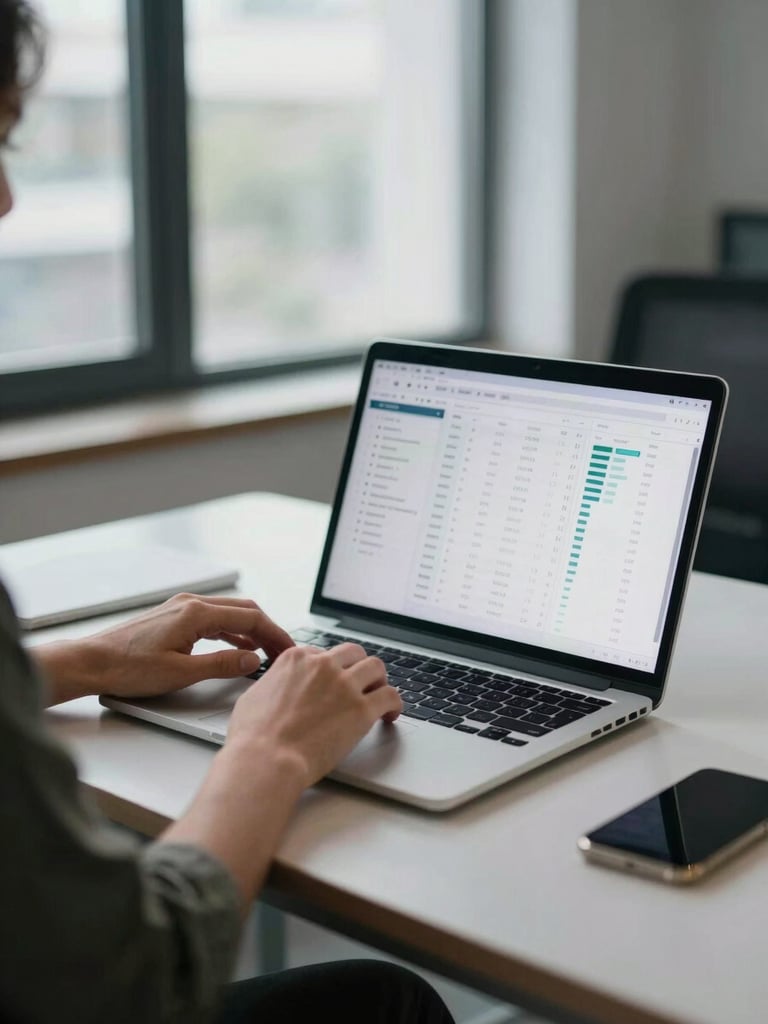 Wide shot of a small business owner reviewing campaign data on a laptop screen at a clean desk, cool office window light, dashboard metrics visible on screen, hands resting on keyboard, shallow depth of field, no lifestyle softness