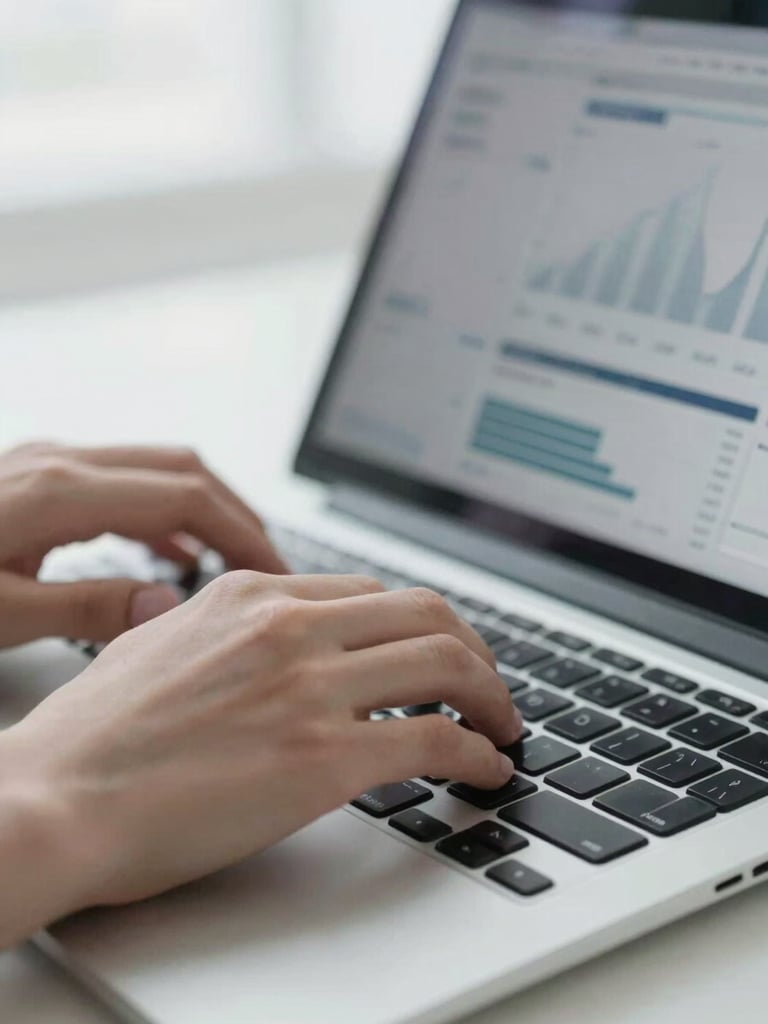 Close-up macro shot of hands typing on a sleek silver laptop keyboard, screen showing a financial dashboard with clear graphs, bright natural overcast daylight, desaturated cool tones, sharp focus, 35mm.