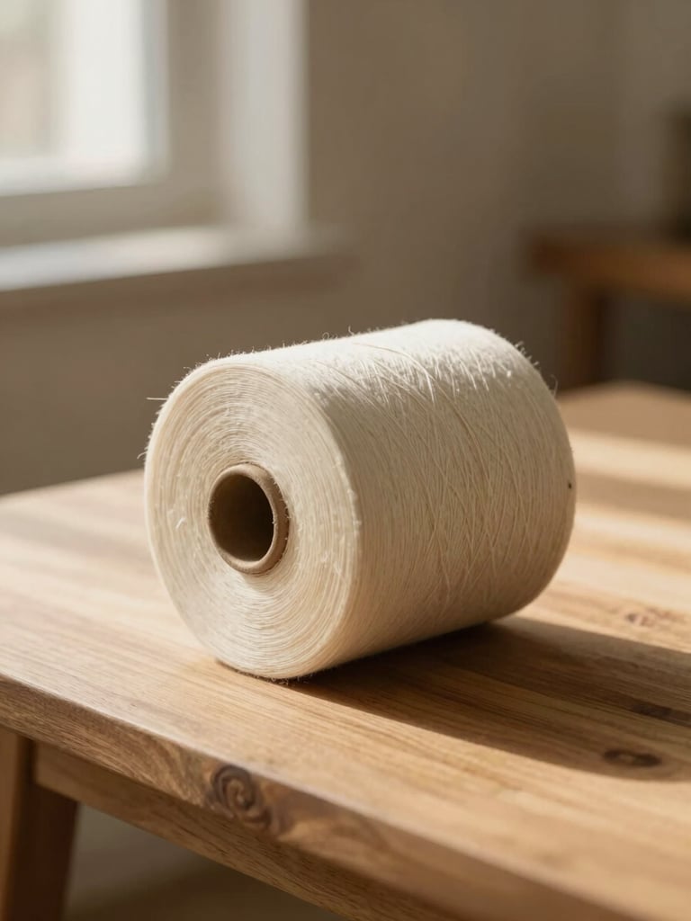 A roll of premium cream linen resting on a wooden cutting table in a sunlit studio, soft side-lit daylight, warm editorial fashion photography style.