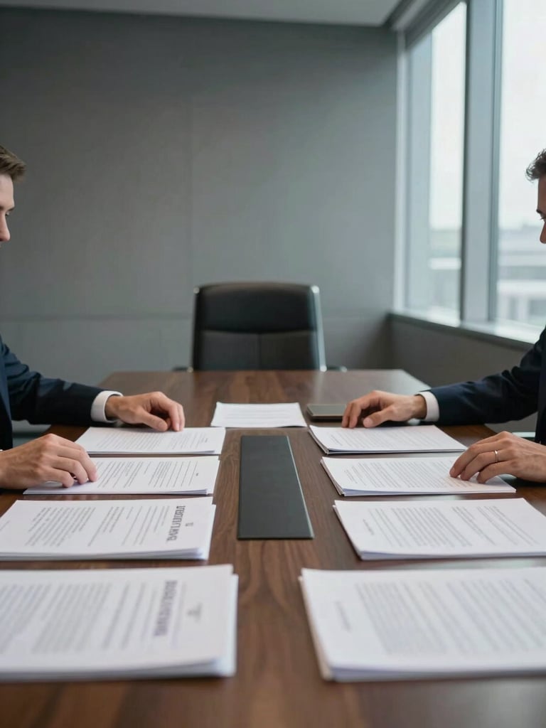 Wide environmental shot of a law firm conference table viewed from one end, legal documents spread across the surface under cool daylight from tall windows on the right, two sets of dark-suited arms partially visible reaching toward the documents mid-review, neutral charcoal background, serious and deliberate atmosphere