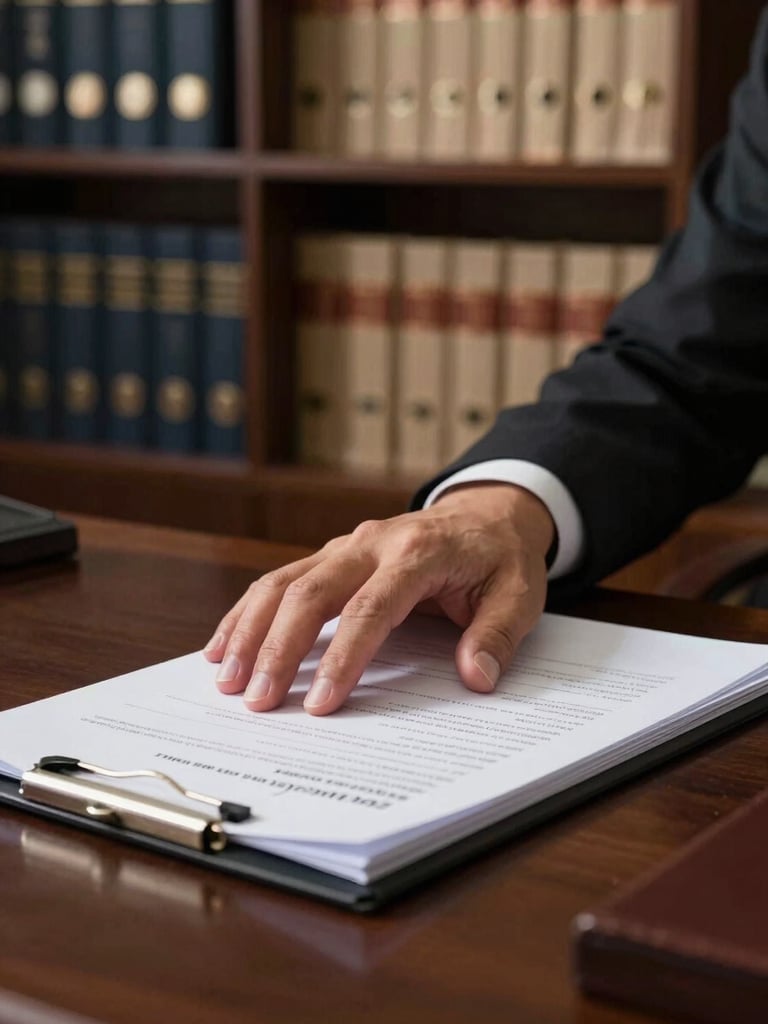 Close-up environmental shot inside a Vietnamese law office, a lawyer's hand pressing flat on an open case file on a dark wood desk, rows of bound Vietnamese legal codes visible on shelves in the soft-focus background, studio-controlled side lighting from the left creating strong contrast, no faces visible, serious and grounded atmosphere