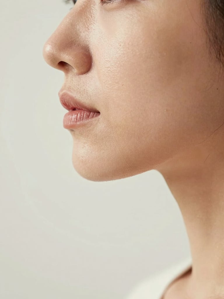 Close-up profile view of a female jaw and neck line from the side, soft diffused north-facing daylight, clinical off-white background, no smile, no full face — the image documents facial contour anatomy as a technical reference, no artifice