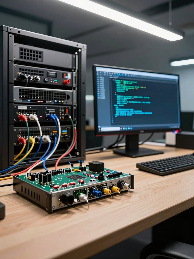 Wide shot of a hardware workbench from a low angle: server rack cables in the background, a Raspberry Pi and logic analyzer in the foreground, a monitor showing cyan terminal output with syntax-highlighted code, high-contrast overhead lab lighting, no people