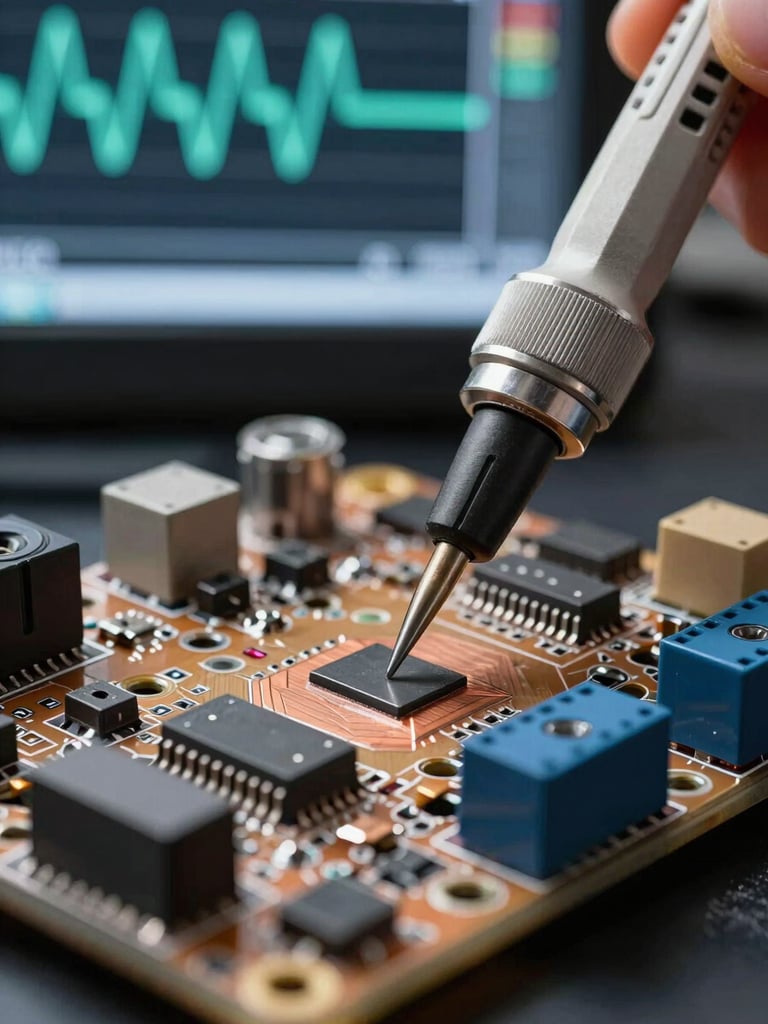 Extreme close-up overhead of a microcontroller development board, oscilloscope probe tips resting on copper test pads, waveform traces visible on a monitor screen in the background, high-contrast technical lab lighting, no ambient warmth, sharp component detail