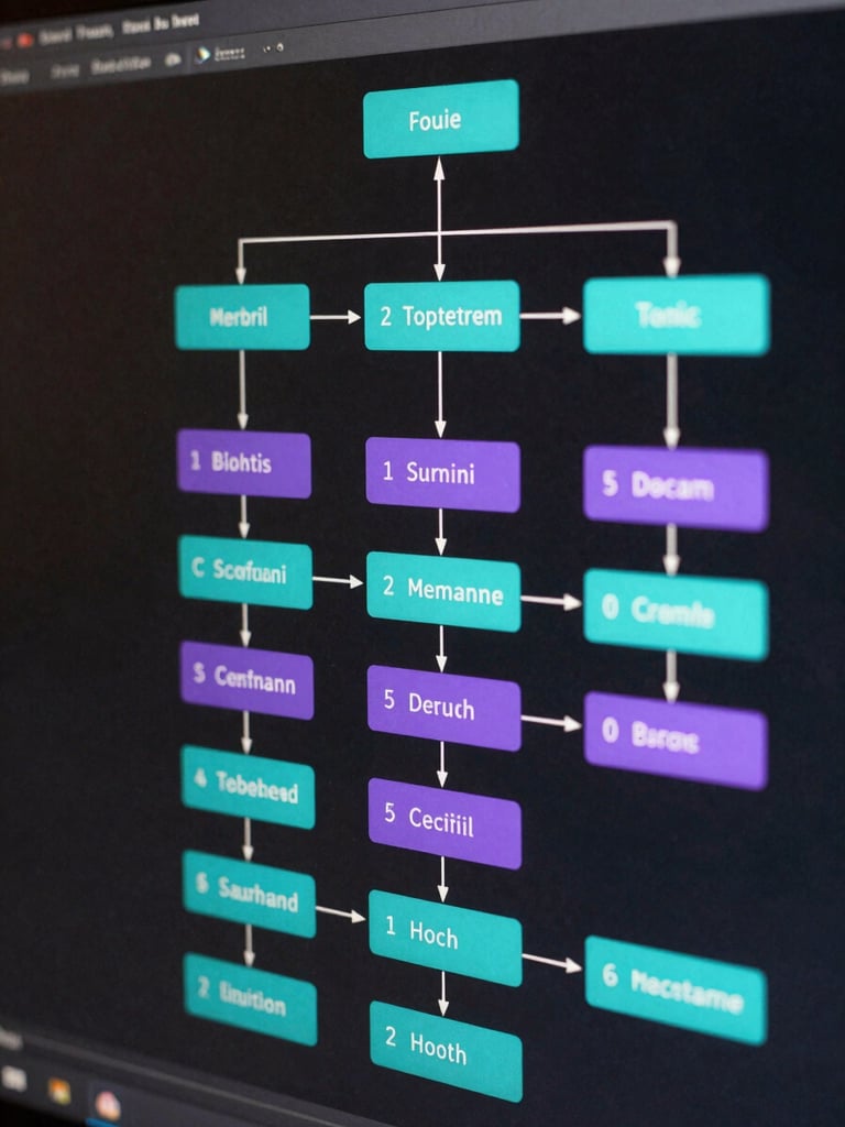Close-up medium shot of a multi-layer system architecture diagram rendered on a dark terminal screen, cyan and violet node connections tracing data flow across distributed components, handwritten annotation marks visible at decision branch points, high-contrast lab lighting, no warm glow, readable node labels in monospace font