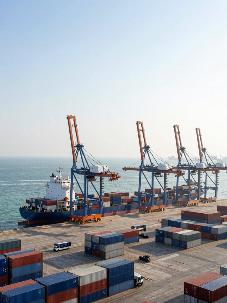 Bright, high-key photograph of a bustling Mumbai port terminal at sunrise, with container ships and cranes, wide-angle lens, crisp ocean blues and steel greys, sharp focus.