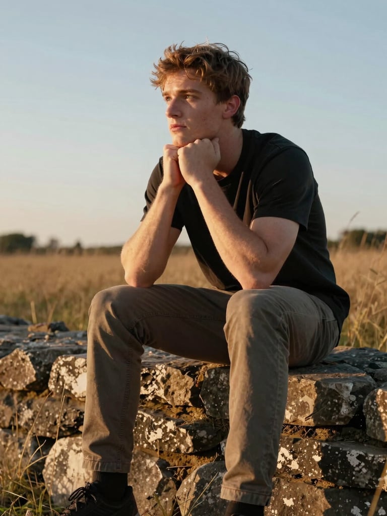 Matty seated on a worn stone wall at the edge of a sunlit field, elbows on knees, gaze cast toward the middle distance, golden afternoon light raking across his face and hands, sparse dry grass behind him, no clinical setting, candid and unposed