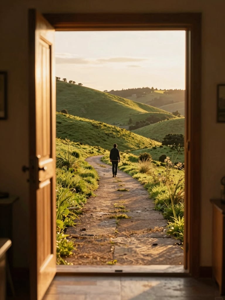 Wide environmental shot looking out through an open wooden door frame onto a sunlit hillside path at golden hour, warm amber light flooding the threshold, lush green landscape stretching into the distance, figure standing just beyond the door facing outward into the light, shot from inside looking out