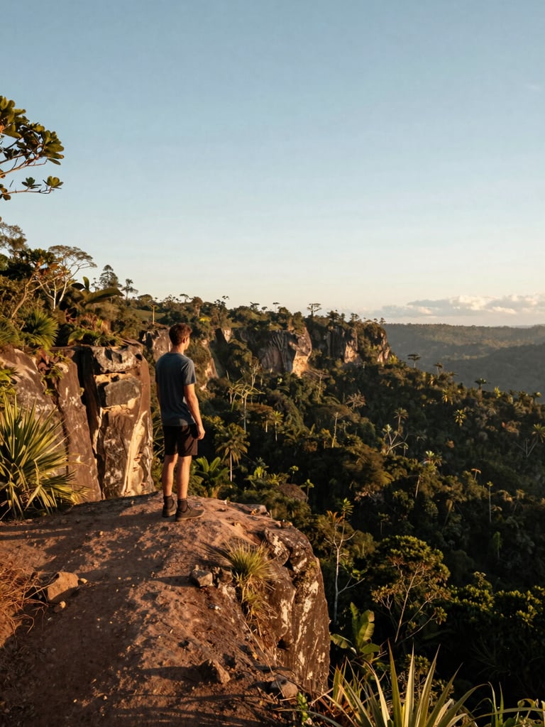 Matty standing alone at the edge of a cliff path in South America, golden-hour light from the left, dense jungle canopy dropping away below him, wide environmental framing with the figure occupying the lower-left third, vast open sky above, shot from behind showing the scale of the landscape