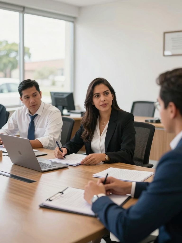 Professional administrative planning meeting in a bright, clean Colombian institutional office, natural daylight, 35mm lens, authentic setting, depth of field