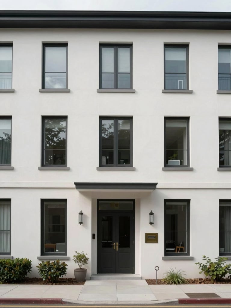 Wide environmental shot of a well-maintained residential building facade photographed straight-on in flat overcast daylight, clean render finish visible, ground-floor entrance with metal letterbox detail to the right, no people, architectural clarity