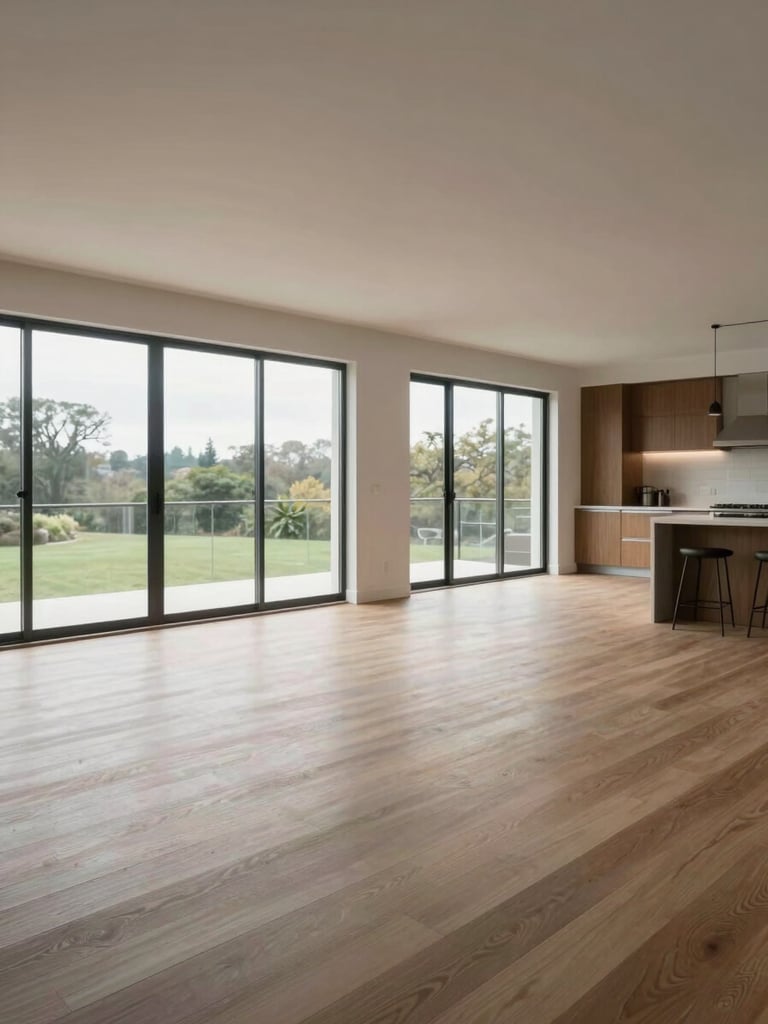 Wide interior shot from the living area toward the kitchen, overcast north-facing daylight through full-height windows, showing room proportions and finish quality, no staging, empty or lightly furnished