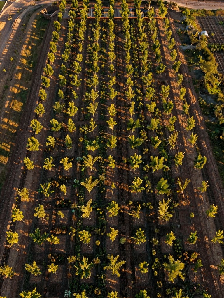 Overhead aerial view of a native planting grid on a development site, young trees at regular intervals surrounded by groundcover, late afternoon golden light casting long shadows across the pattern, surrounding land visible at frame edges