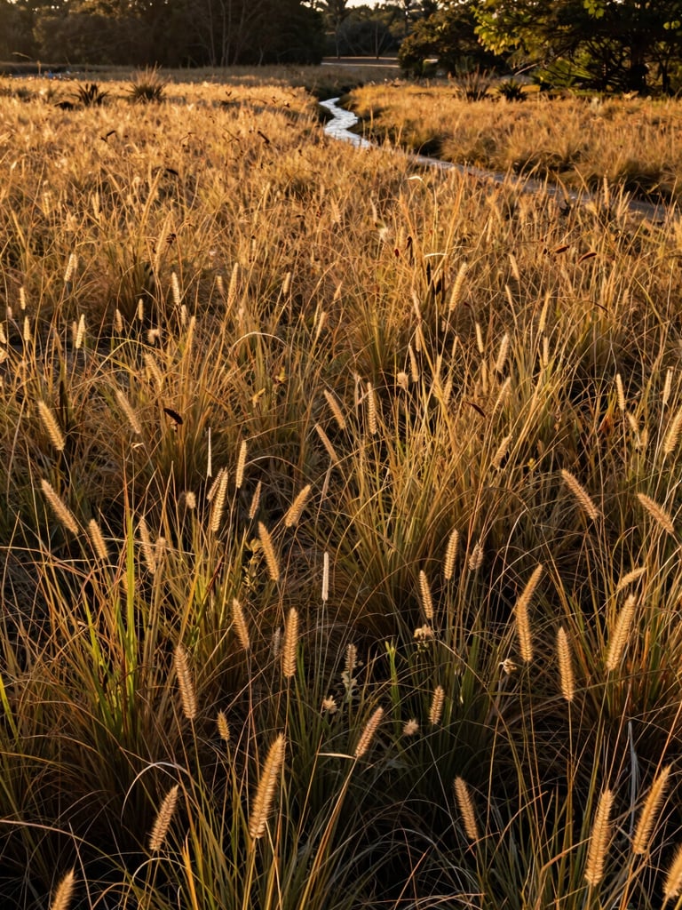 Ground-level view looking outward across a native grassland restoration site at golden hour, warm amber light raking across seed heads and low forbs, a shallow drainage swale visible in the middle distance guiding water toward a tree line, no people, natural daylight