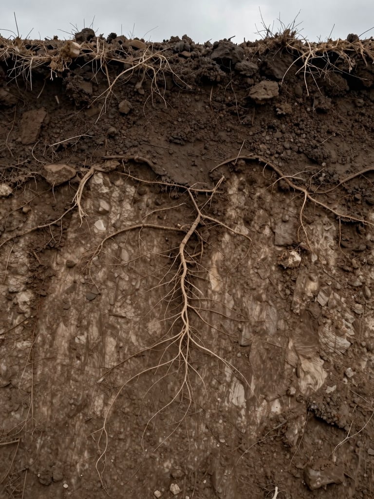 Overhead close view of a soil cross-section profile showing distinct horizon layers — dark topsoil, clay subsoil, mineral base — natural overcast daylight illuminating fine root threads and aggregate texture, warm grey-brown tones, no people