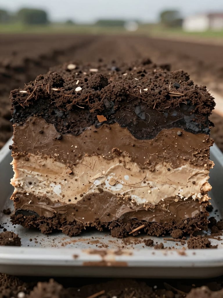 Close ground-level view of a soil core sample laid horizontally on a field tray, distinct horizon bands of dark topsoil, clay subsoil, and pale parent material visible, natural overcast daylight, no human hands in frame