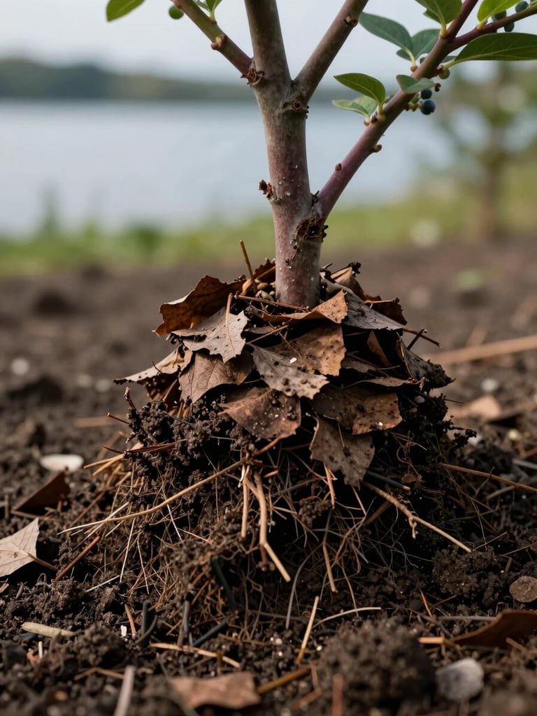 Close-up of blueberry plant base, rich dark soil visible at the roots, decaying leaf mulch layered around the stem, soft side-light from the left, shallow depth of field with the lakeshore blurred in the far background