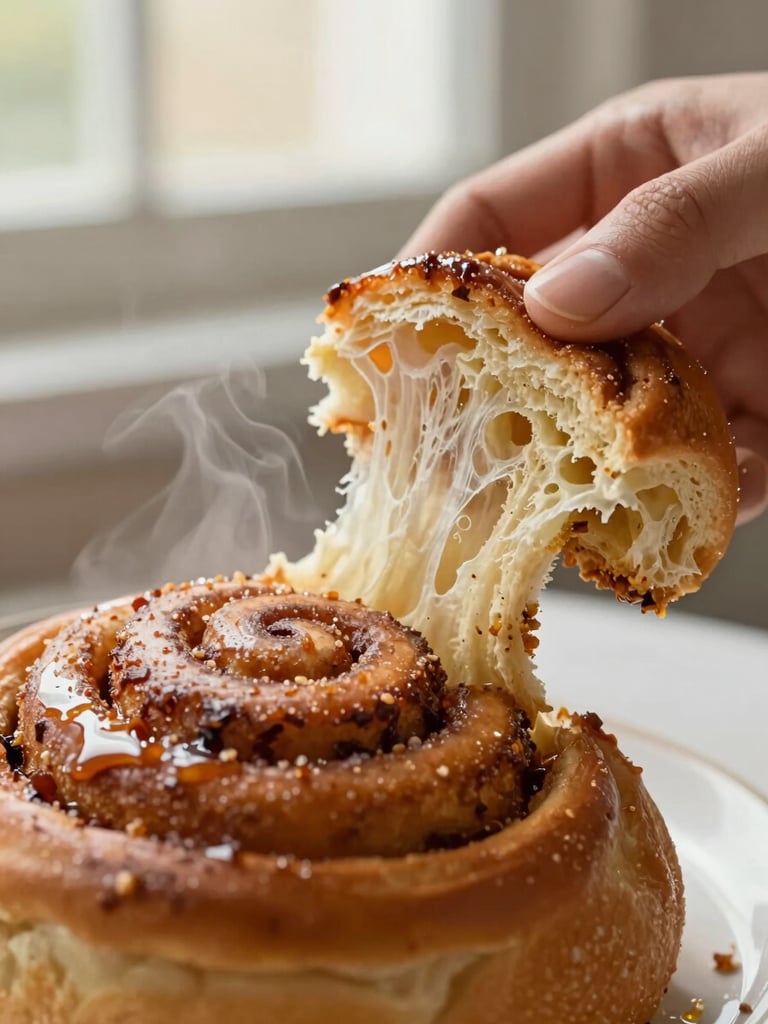 Macro close-up of a warm cinnamon roll being gently pulled apart by hand, showcasing the soft, pillowy layers, rich brown-sugar glaze, and a hint of steam in soft morning window light.
