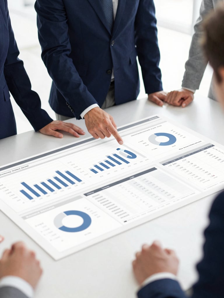 Close-up of a professional team collaborating around a modern analytical dashboard, clean slate and navy tones, bright cool natural office light.