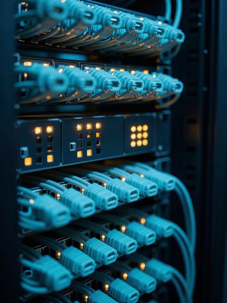 Dramatic low-key macro photograph of a high-density server rack, clean neon cyan cabling, amber indicator lights glowing in a dark data center, 35mm