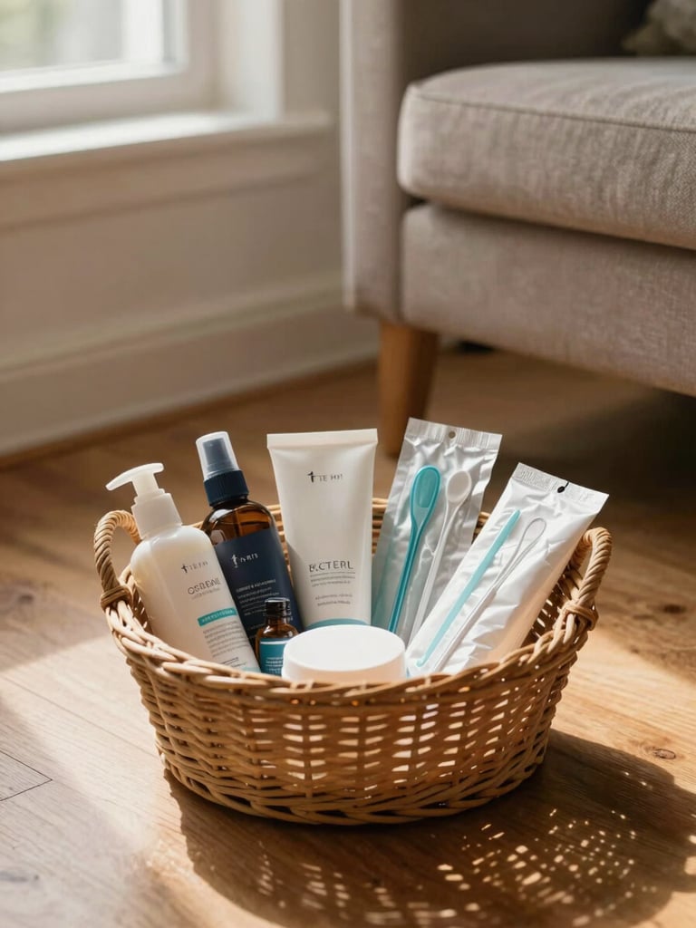 Wide shot of a small wicker basket holding neatly arranged foot care products — creams, oils, and wrapped instruments — resting on a wooden floor beside a home armchair, warm afternoon window light, no labels visible