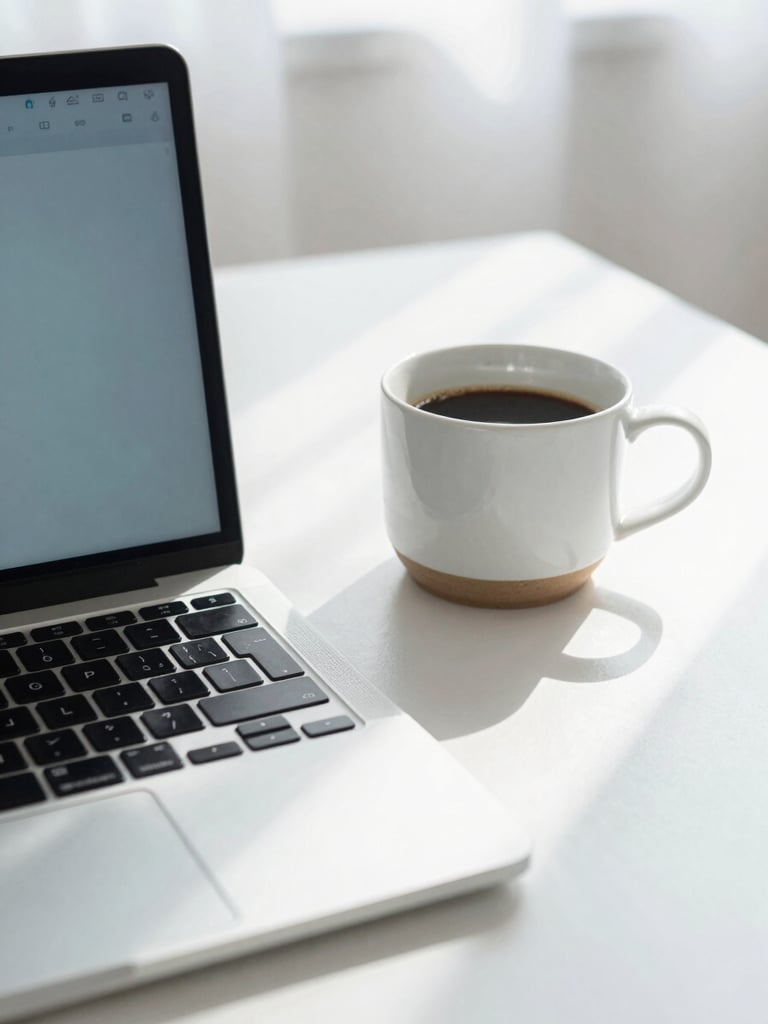 Bright, clean workspace with a laptop, a ceramic coffee cup, and soft daylight reflecting off a white table, 35mm lens