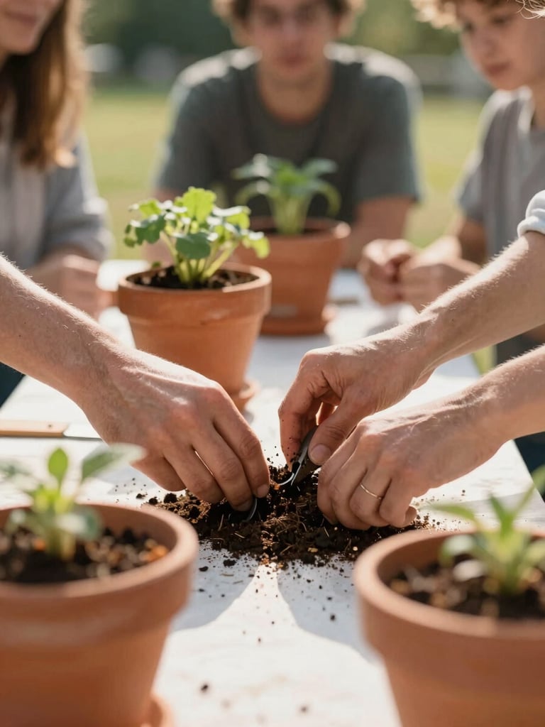 Close-up and mid-distance mix: hands demonstrating a composting technique at an outdoor community table, participants watching in natural daylight, terracotta pots and green plants visible on the table surface, warm afternoon light across the scene
