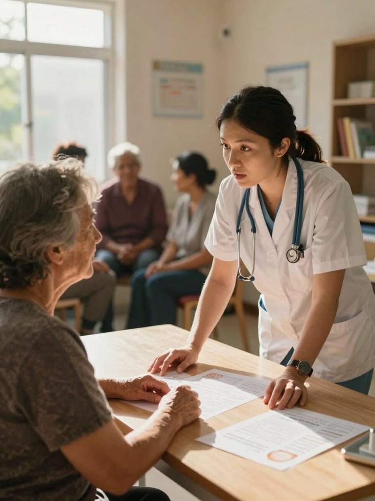 Wide portrait frame, right-bleed: a community health worker in a warm-toned clinic space, leaning over a table to speak directly with an elderly woman seated across from her, natural daylight through a side window casting soft golden light across both figures, hands resting on printed health materials, background slightly out of focus showing other community members gathered in the space