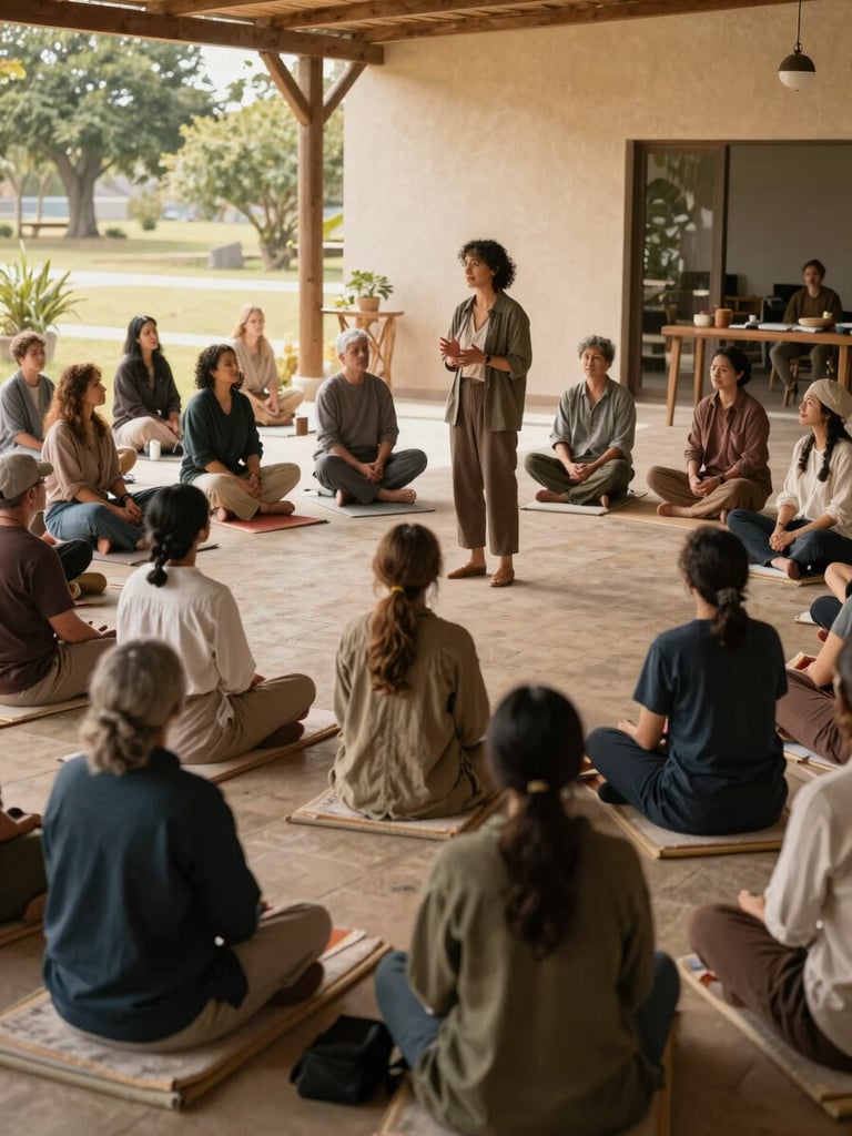 Wide environmental shot of community members seated in a shaded outdoor space during a wellness seminar, a facilitator standing at the front, natural daylight from the left, warm earth tones in clothing and surroundings, showing scale of gathering and active participation