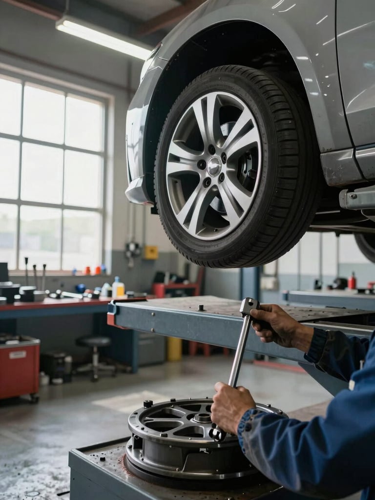 Wide panoramic shot of a car elevated on a hydraulic lift inside a clean workshop, a mechanic's hands gripping a torque wrench on a wheel hub in the foreground, cool north-light streaming from high workshop windows on the left, tools and equipment visible in soft focus behind