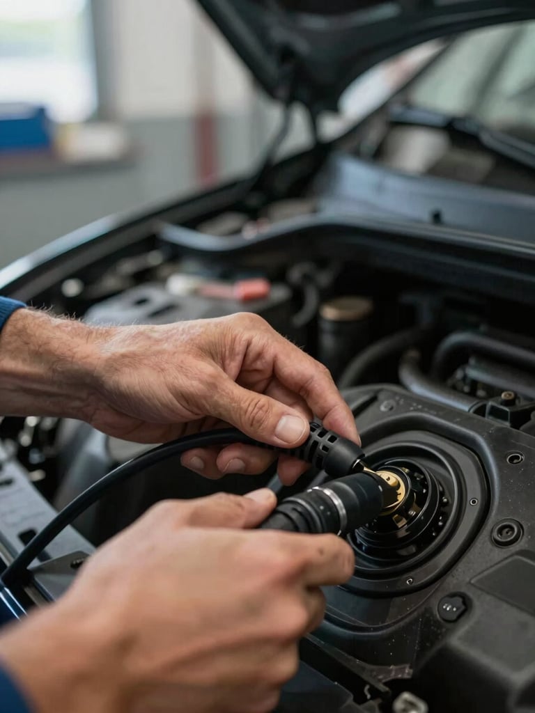 Extreme close-up of a mechanic's hands connecting an OBD diagnostic cable to a car's underdash port, cool north-light from a workshop window illuminating knuckles and cable detail, dark engine bay visible in shallow background, no faces