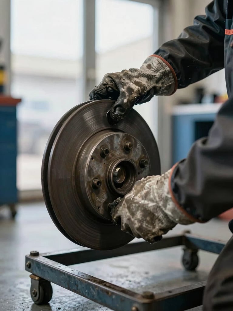 Extreme close-up of a mechanic's hands removing a worn brake disc on a workshop floor, cool diffuse daylight from a north-facing window, grease on gloves, new replacement disc visible in soft focus beside the old one on a steel trolley
