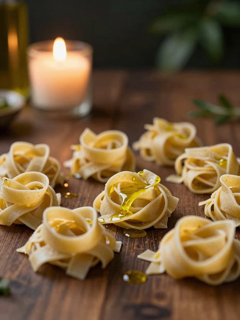 Intimate shot of fresh hand-rolled tagliatelle pasta nest on a dark wooden table, drizzled with golden olive oil, warm low-key candlelit lighting, shallow depth of field