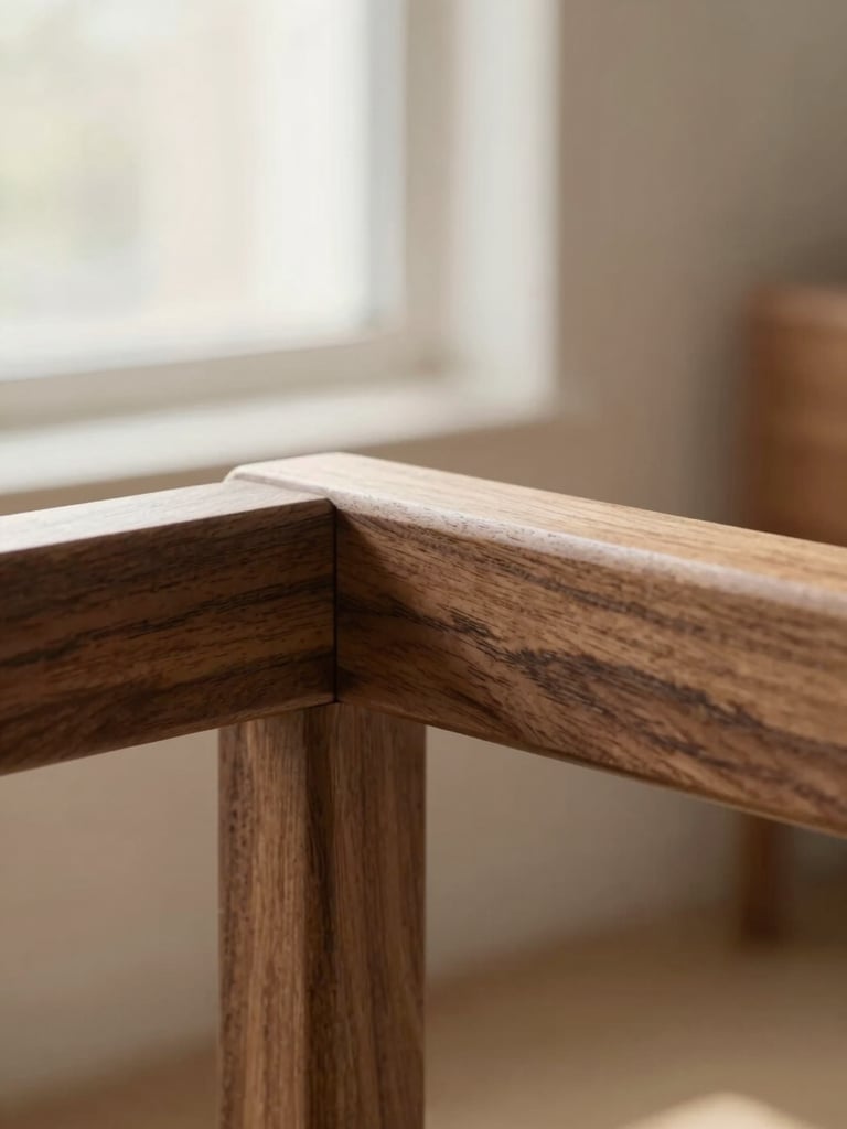 Close-up detail of a solid walnut wood joint, showcasing precise interlocking craftsmanship, soft morning light, shallow depth of field
