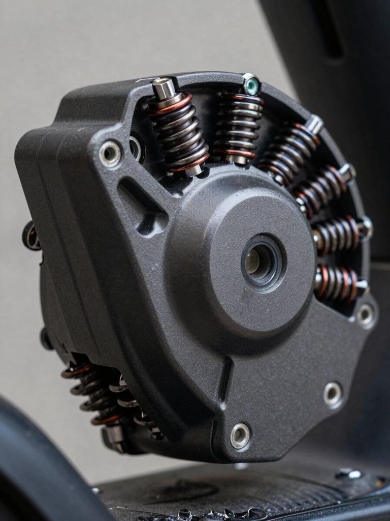 Extreme close-up of an electric scooter motor housing, electromagnetic coil windings visible under cool studio strobe light, dark graphite surface, sharp mechanical detail, no rider