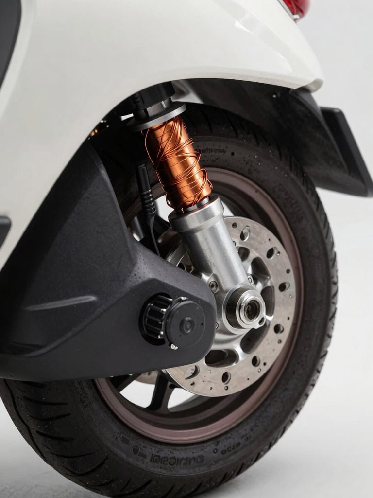 Extreme close-up side view of the Panthera scooter rear wheel hub and electromagnetic regenerative system, crisp north-facing studio light revealing machined metal surfaces, copper-wound electromagnet coils visible inside the motor housing, sharp shadow detail on the axle assembly, no rider, no background clutter