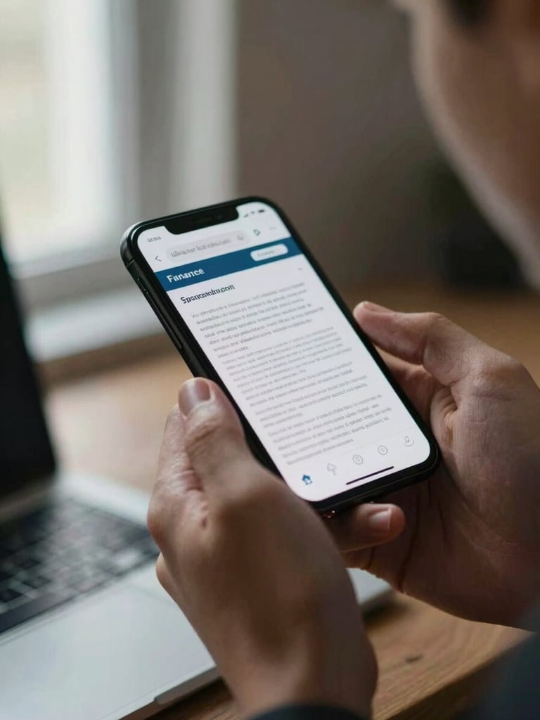 Close-up of a young adult's hands holding a smartphone showing a finance article, soft ambient light from a window to the left, shallow depth of field with a blurred desk surface below, quiet concentration visible in the slight forward lean