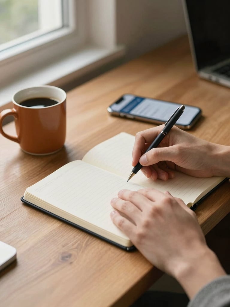 Close-up wide shot of a young adult's hands resting on a wooden desk beside an open notebook and a warm coffee mug, natural north-facing daylight filtering through a window off-frame left, soft shadows, a banking app visible on a phone screen in the background slightly out of focus, quiet home-office environment