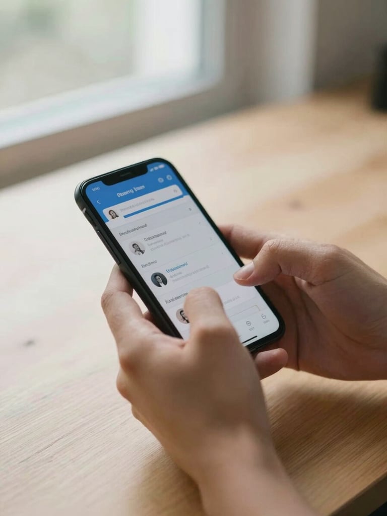 Close-up of young adult hands holding a phone displaying a banking app, soft natural light from a nearby window, plain wooden desk surface visible, shallow depth of field, quiet focus