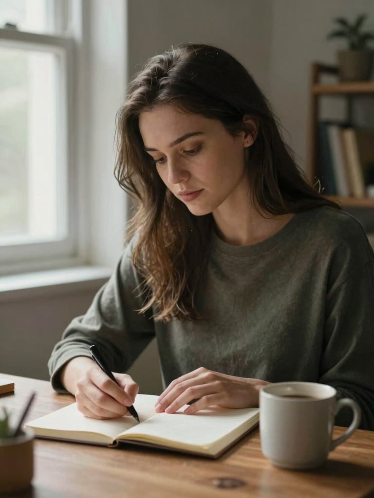 Close portrait frame, a young woman in her mid-twenties seated at a modest home desk, looking down at a notebook with quiet concentration, soft north-facing window light falling across her face and hands, a ceramic coffee mug to the side, muted tones, no smile, calm and deliberate energy