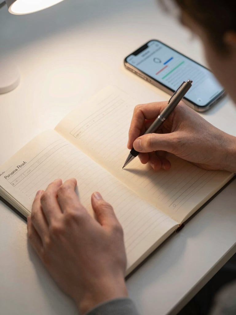 Close-up overhead flat-lay of a young adult's hands holding a pen over a personal finance planning notebook, a smartphone nearby showing a simple progress chart, soft ambient studio light from above, clean desk surface, quiet sense of a small milestone reached