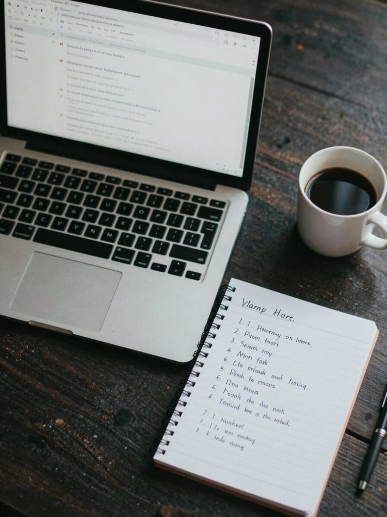 Overhead flat-lay of a desk with a laptop showing an email sequence dashboard, a notepad with handwritten steps, and a coffee cup to the upper right corner, cool north-facing daylight, no person visible — the tools of a thoughtful process