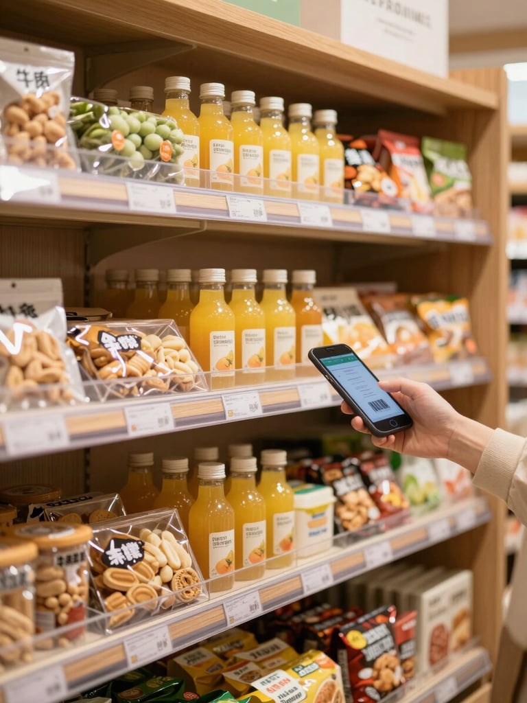 A close-up of a premium micro-market shelf with warm timber finish, stocked neatly with fresh food, juices, and snacks, a resident's hand holding a phone to scan a barcode, soft indoor lighting