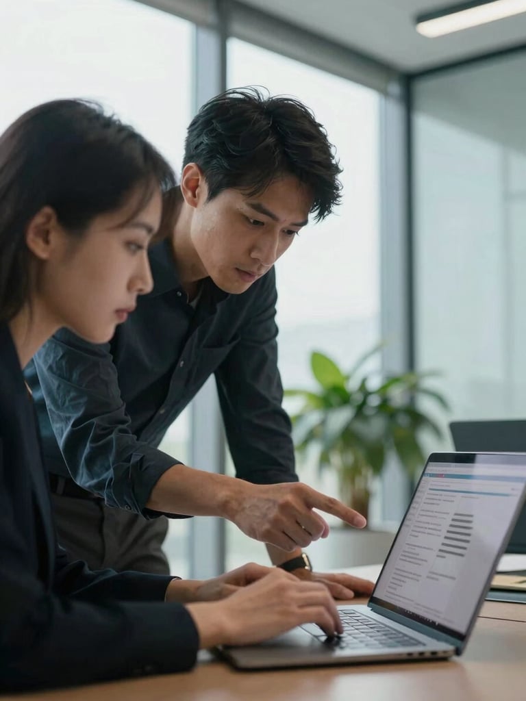 Close-up wide shot of two professionals leaning over a laptop in a modern glass-walled office, reviewing a candidate profile together, natural north-facing window light, emerald plant out of focus in background, hands visible mid-gesture on screen