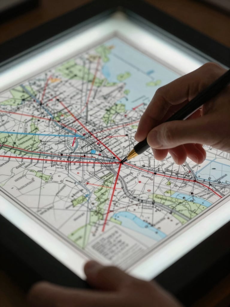 Extreme close-up, hands holding a cartographic proof sheet over a lightbox, red correction marks and precise annotations visible on the printed layer, controlled studio lighting emphasising paper grain and ink saturation, no people's faces, no lifestyle staging